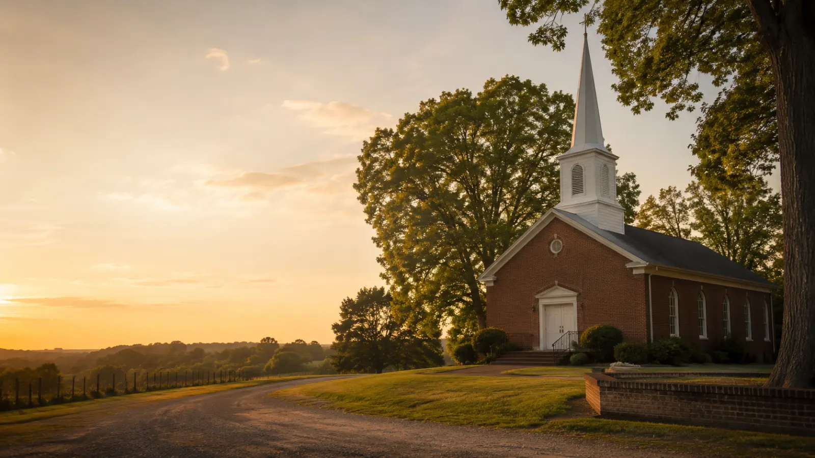 A Church of Christ building at sunset over rolling countryside