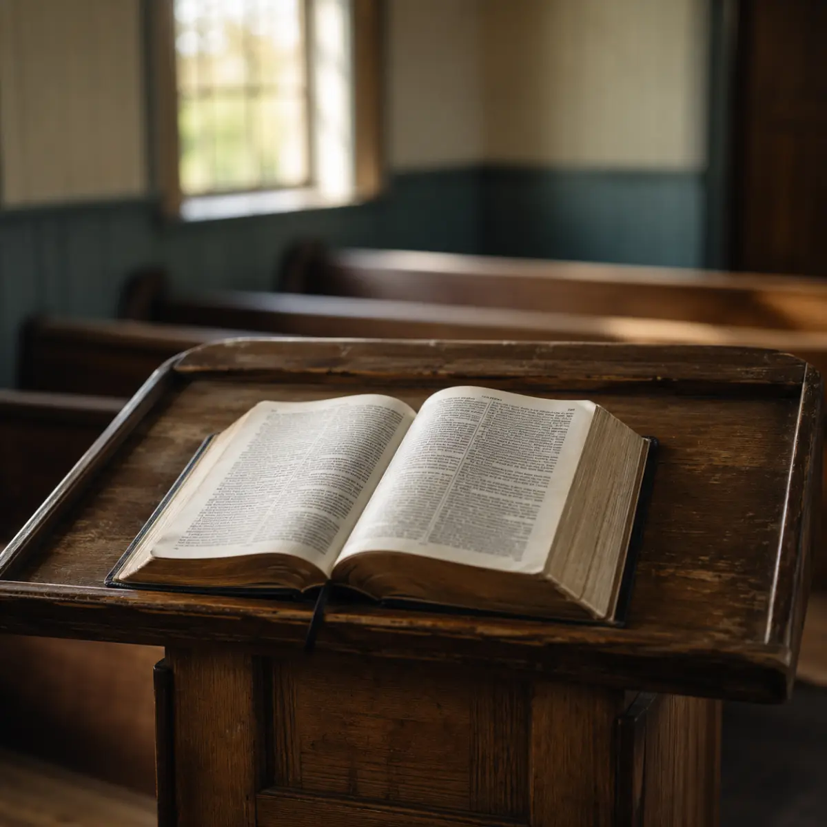An open Bible resting on a wooden pulpit in an empty sanctuary