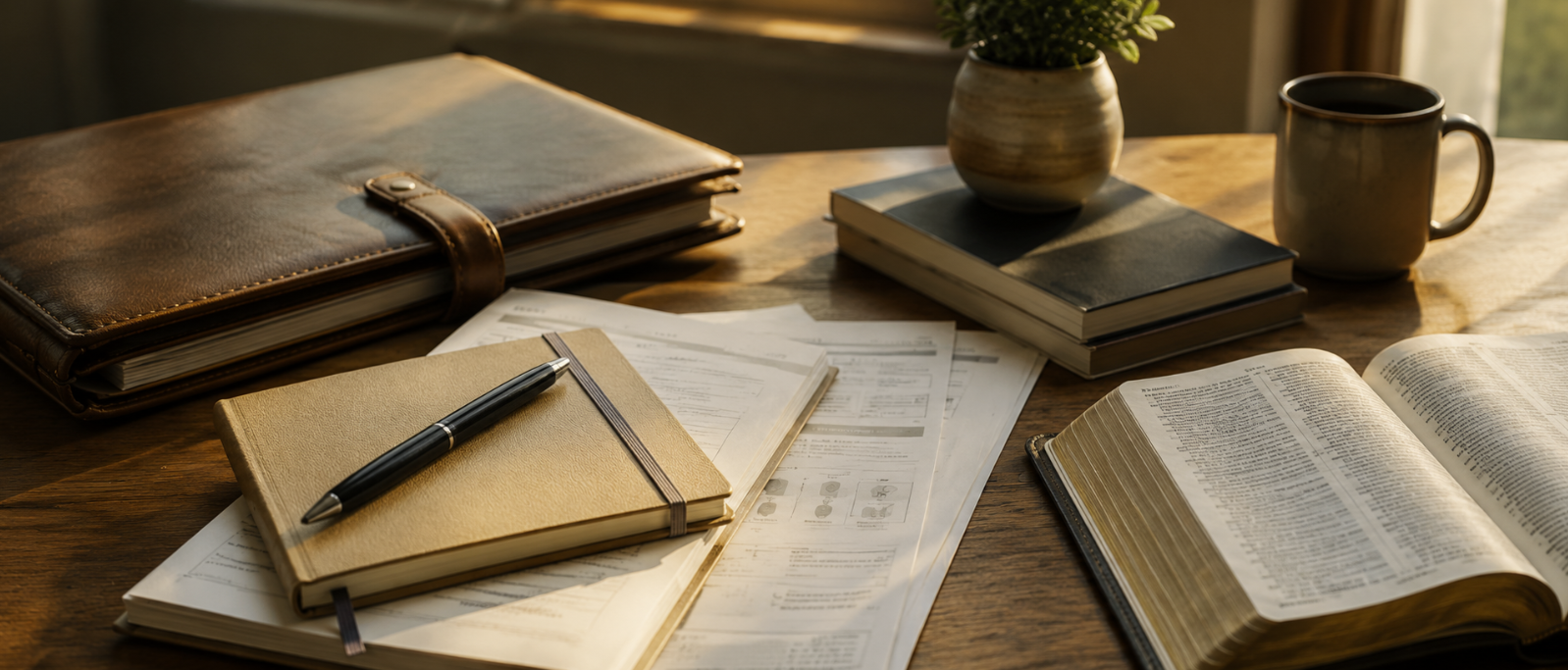 A desk with a leather planner, notebook, printed guides, and an open Bible